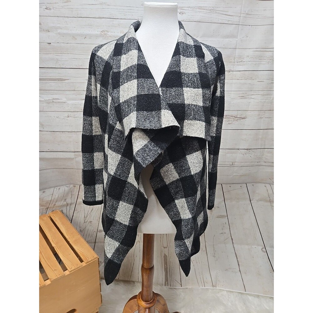 Lauren Ralph Lauren Buffalo Plaid Wool Open Waterfall‎ Cardigan Black Gray Sz XS